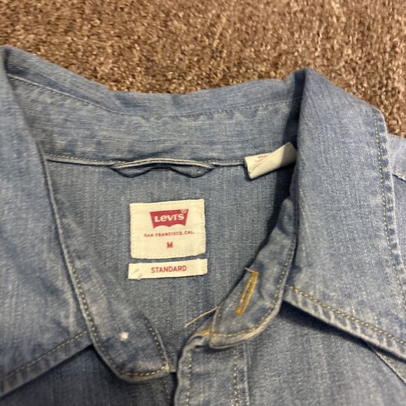 Levis Denim Pearl Snap Shirt Men's Medium Blue Long Sleeve Rancher Western - Picture 9 of 13